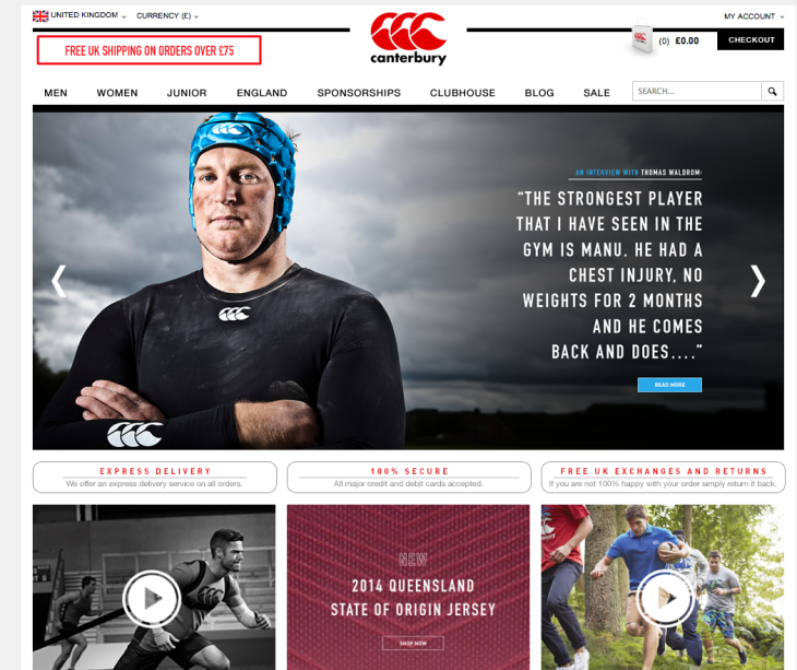 Links to content, as well as product, are given prime real estate on the Canterbury homepage.